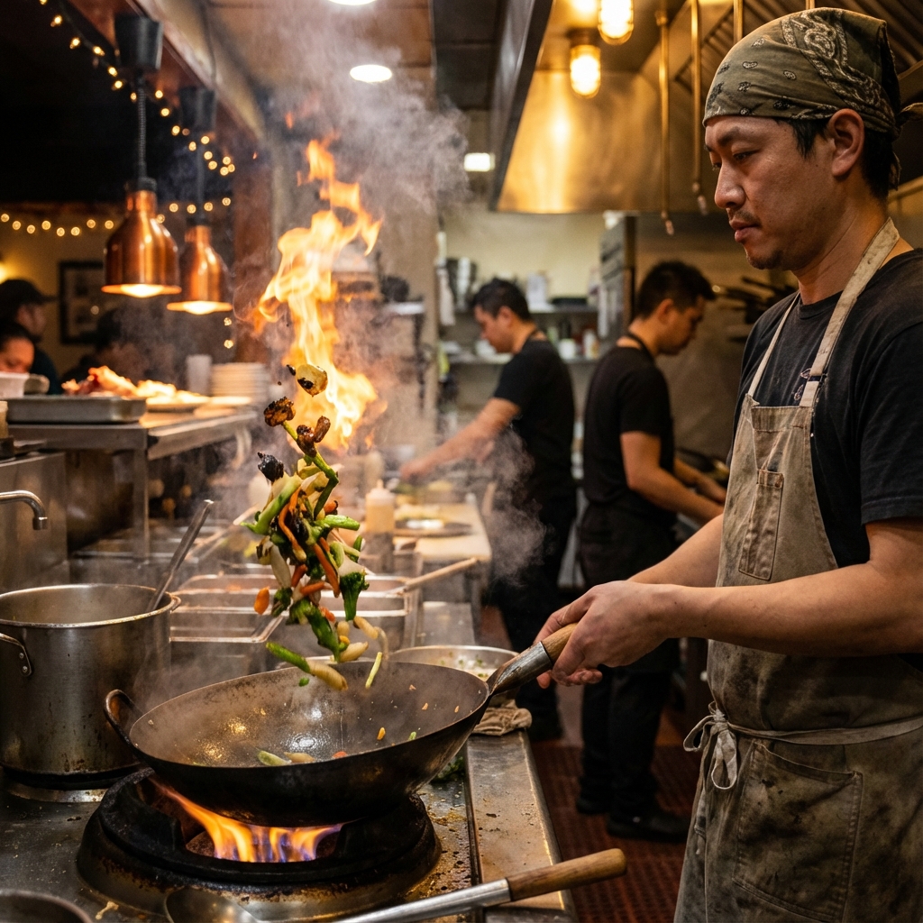 Chef cooking with blazing wok
